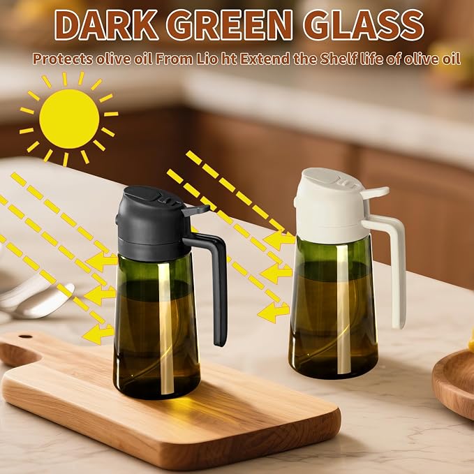 SWEET VIEW Olive Oil Dispenser and Oil Sprayer 16oz/470ml | Glass Light-Proof Oil Pourer for Kitchen with Stickers for Air Fryer, Cooking, Salad, and BBQ