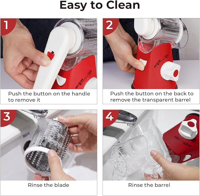 X Home Rotary Cheese Grater for Kitchen, Shredder with 3 Interchangeable Blades, Rotary Grater with Handle and Strong Suction Base, for Vegetables, Fruit, Nuts, Easy to Use and Clean, Red