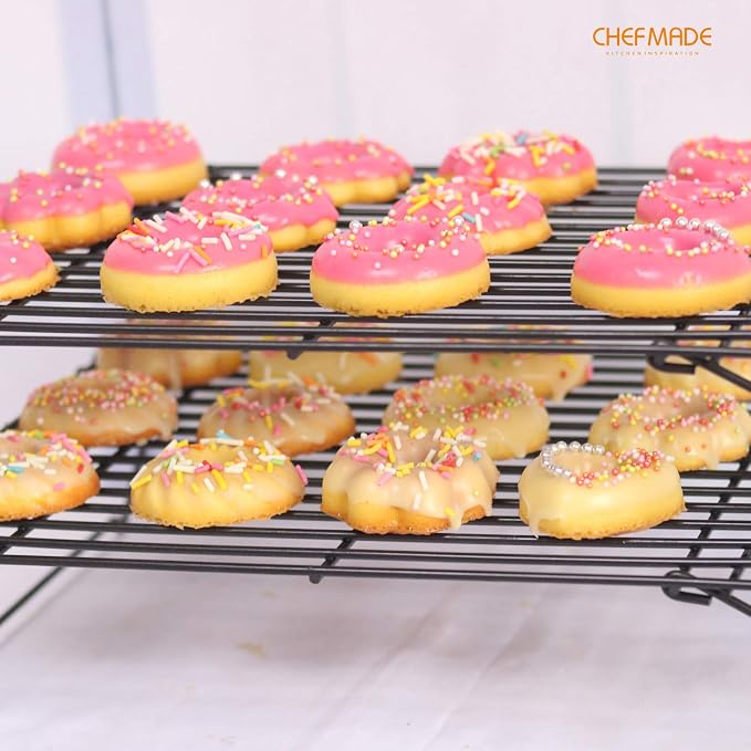 CHEFMADE Baking and Cooling Rack Set, 13.5-Inch 3-Tier Non-Stick Stackable Collapsible Rectangle Wire Rack for Oven Baking (Black)
