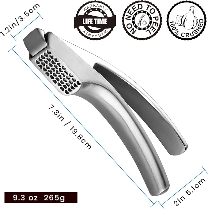 Lifetime Replacement Garlic Press Stainless Steel No Need to Peel, Detachable Handle for Coarse Mincing - Premium Garlic Mincer Tool, Rust-Proof, Easy to Clean, Dishwasher Safe Garlic Crusher
