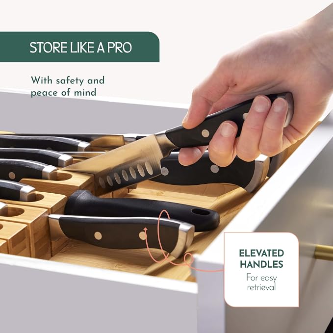 High-Grade 100% Bamboo Knife Drawer Organizer - 12 Slots Plus Sharpener, Secure, Practical, Eco-Friendly Knife Block