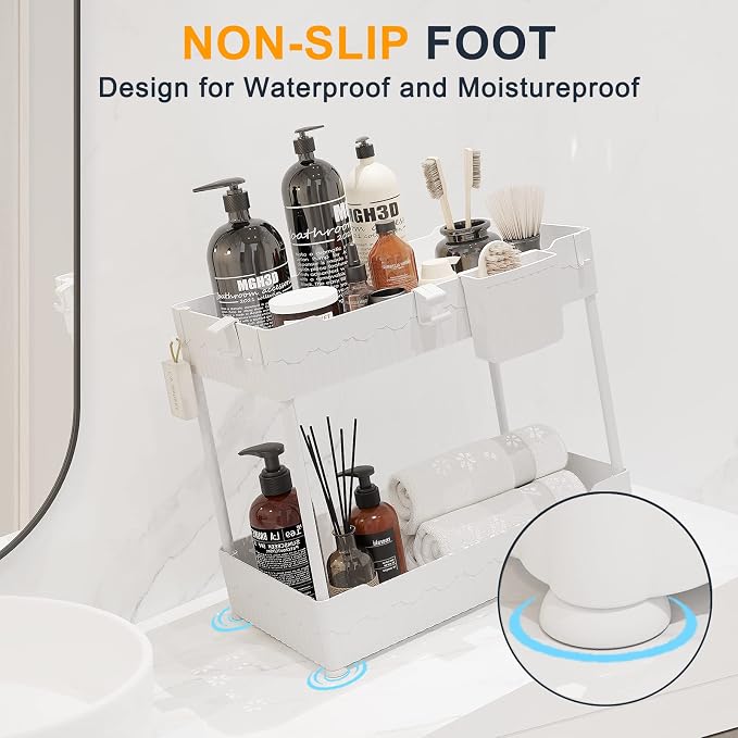 2-Pack Under Sink Organizer with Hooks & Hanging Cup for Kitchen | Multi-use kitchen & bathroom storage, 14.8 inch white cabinet organizer, with hooks and hanging cup for easy access.