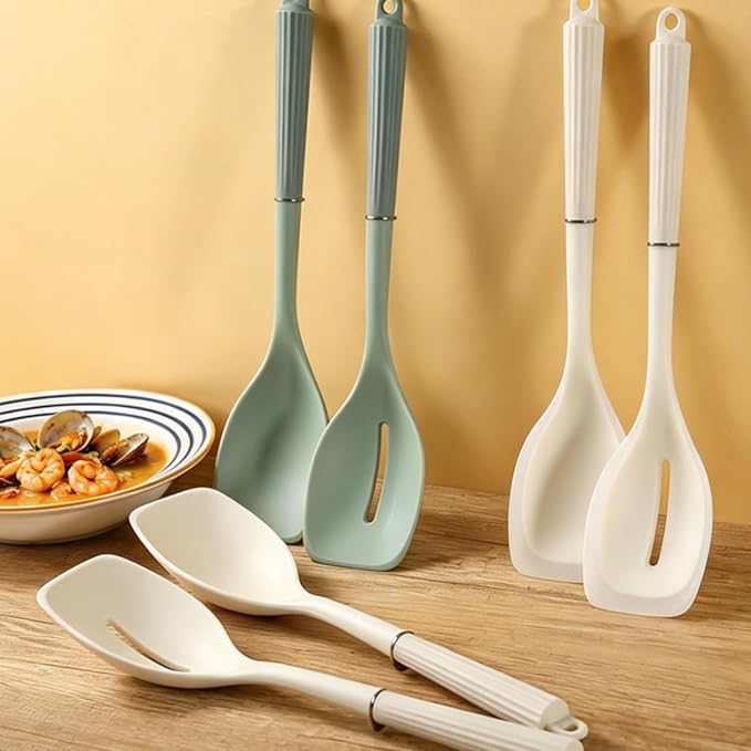 2 Pack Silicone Cooking Spoon Spatulas, 13Inch Non Stick Large Rubber Solid Slotted Spoon Set for Mixing, Draining, Scraping, Heat Resistant Kitchen Utensils, White