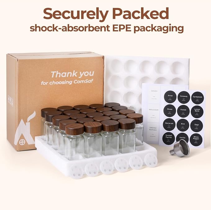 ComSaf Glass Spice Storage Jars with Acacia Wood Lids & Labels 4Oz 24Pack | Seasoning Container for Cooks, Herbs Pepper Salt Cinnamon Paprika, Spice Rack & Drawer, Canister with Shaker Insert & Funnel