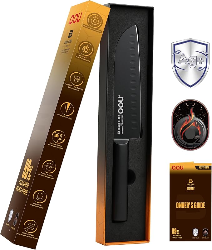 OOU® Black Blade 7 Inch Santoku Knife with AgShield™ & Cerablack™ Technology, Rust-Resistant & Easy-Clean Finish, Japanese Style Hollow Edge for Dicing & Mincing
