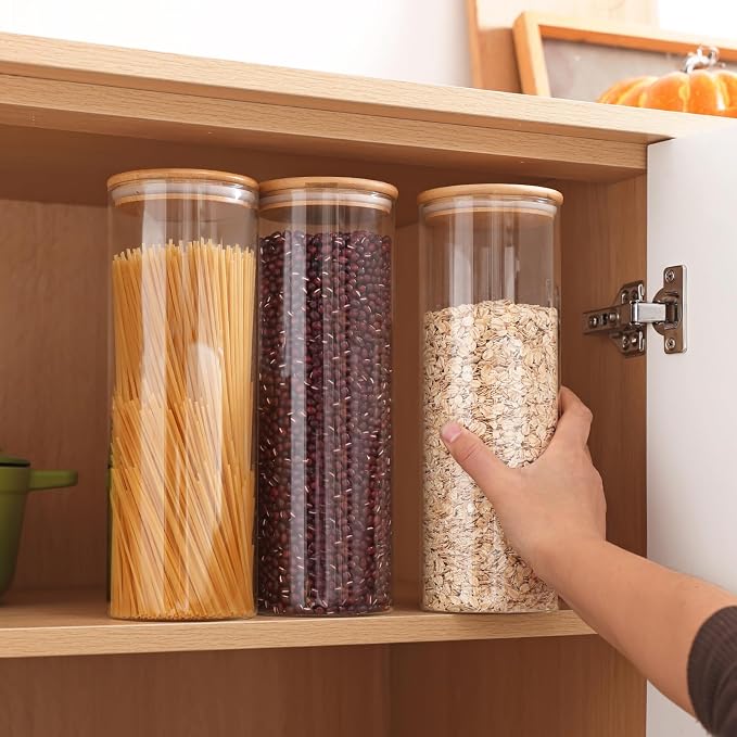 3pcs Glass Food Storage Containers with Bamboo Lids, 2qt Glass Jars | Large Airtight Food Storage Jars for Pantry, Flour, Sugar, Dry Goods