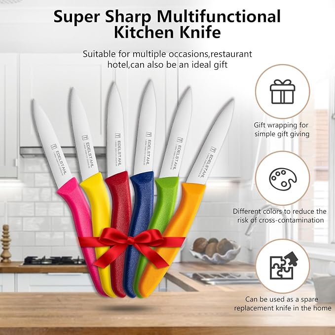 Paring and Garnishing Knife,Fruit Knife Set,12 Pieces Stainless Steel Paring Knives,Straight Edge Small Knife Set for Cutting Fruits and Vegetable,Spear Point,Ergonomic Handle,Multicolor