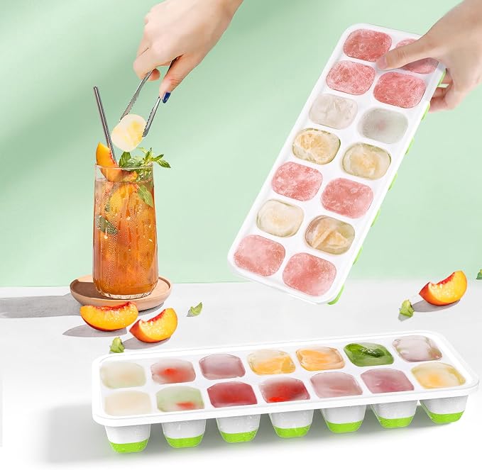 Ice Cube Trays, 4 Pack Durable Stackable Ice Trays for Freezer with Spill-Resistant & Removable Lids, LFGB Certified and BPA Free, Easy-Release 56 pcs Silicone Ice Maker for Cocktail, Coffee, Beer
