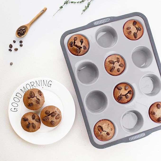 Aichoof 12 Cup Silicone Muffin Pan, Non-Stick Baking Mold w/Steel Frame | Food Grade Silicone, Heat Resistant -40°F to 440°F, Dishwasher Safe, Grey