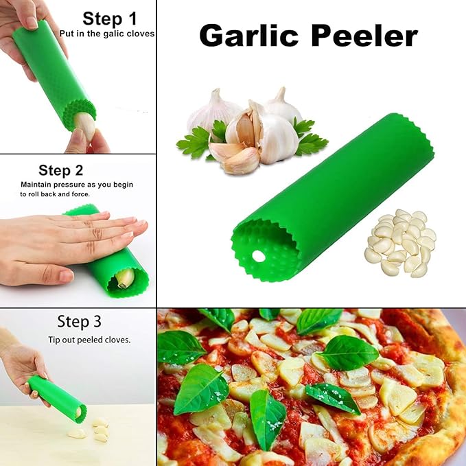 Garlic Press, 2 in 1 Garlic Slicer and Mincer with Silicone Tube Peeler and Cleaning Brush for Garlic, Ginger, Nuts & Seeds