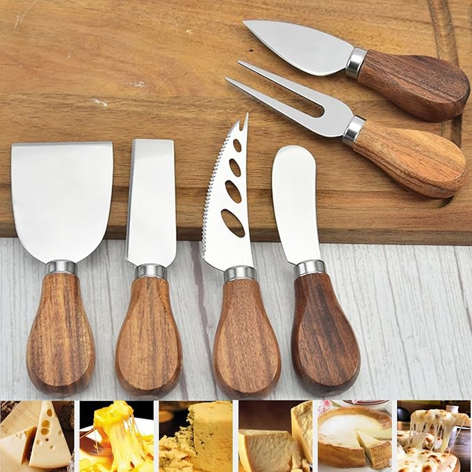 YUANQIAN Cheese Knife Set with Acacia Wood Handles - Cheese Knife, Spreader, Fork, Slicer - Mini Stainless Steel Cheese Tools for Charcuterie Boards (6Pcs/Set, S)
