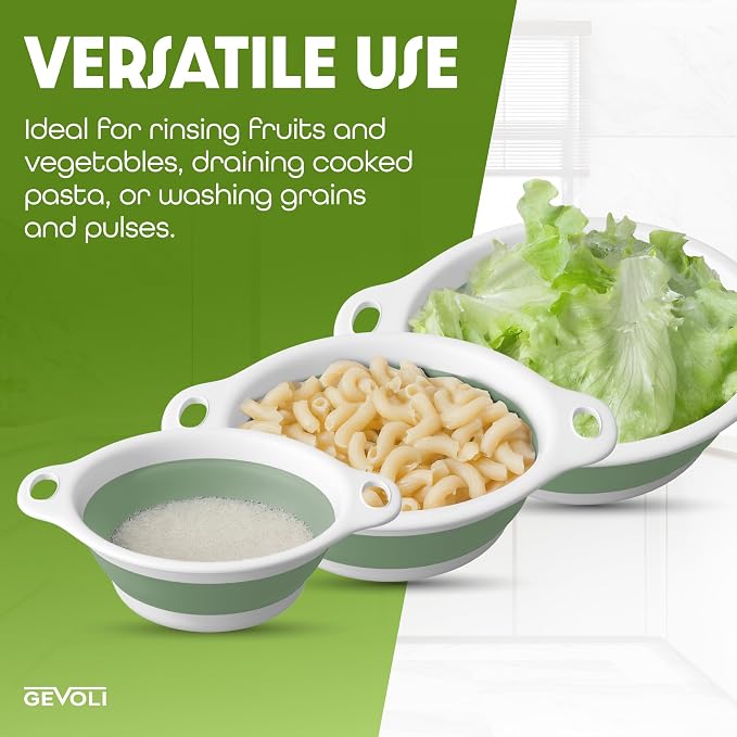 Collapsible Colanders (2 Pack Set) Food Strainers with Over-Sink Water Draining Base for Pasta Fruits and Vegetables (4 and 5 Quart) - White/Sage