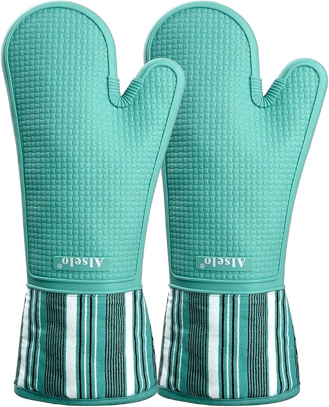 Alselo Silicone Oven Mitts Heat Resistant 550 Degree Extra Long Kitchen Gloves Pot Holders with Waterproof and Non-Silp for Baking Cooking Barbecue Microwave Machine Washable (Extra Long Blue, 2)