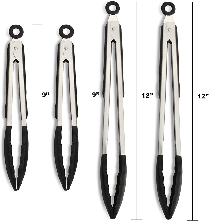 4 Pack Black Kitchen Tongs, Premium Silicone BPA Free Non-Stick Stainless Steel BBQ Cooking Grilling Locking Food Tongs, 9-Inch & 12-Inch
