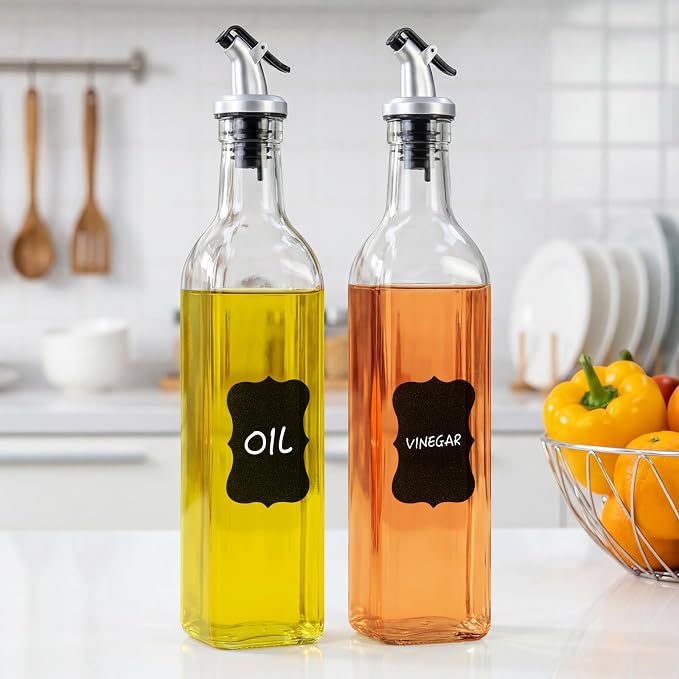 4 Pack 17 oz (500ml) Clear Glass Oil & Vinegar Dispenser Bottles, Leakproof Set with 4 Pour Spouts & 4 Labels, Kitchen Tools for Salad, BBQ, Air Fryer Cooking