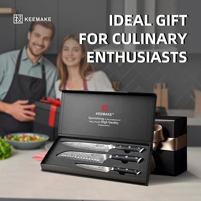 KEEMAKE Damascus Kitchen Knife Set, 3 PCS Japanese Knife Sets with Full Tang Ergonomic Handle, 67 Layers Damascus Chef Knives, Gift Box for Men Husband