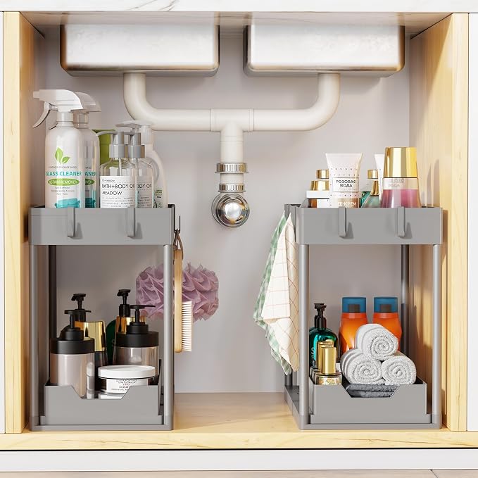 Simple Trending Under Sink Organizer 2 Pack, with Sliding Drawer, Grey | 2-Tier Multi-Use Under Shelf Organizer with Hooks, Sink Pull-Out Sliding Storage Cabinet for Kitchen Bathroom, Easy Assembly