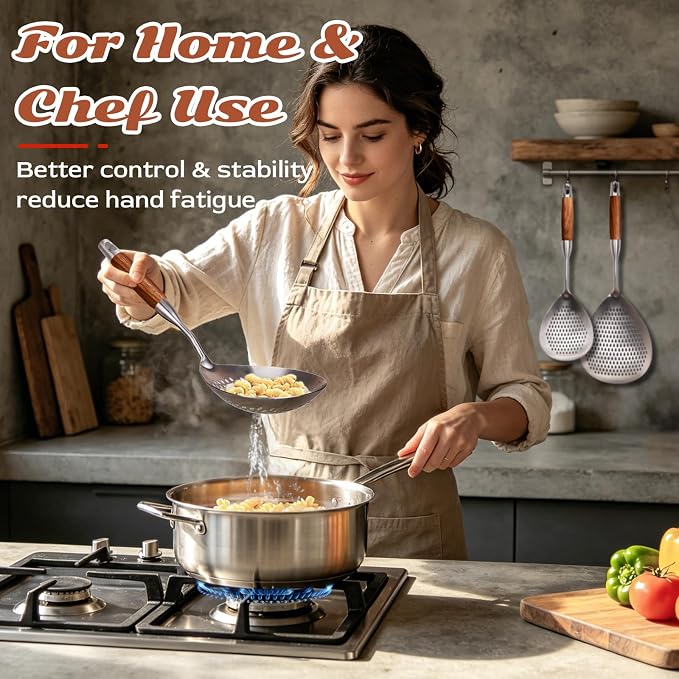 MARTE Skimmer Slotted Spoon Set of 3-304 Stainless Steel Spider Strainer Tools Ladle Spoon with Handle for Cooking and Frying - Kitchen Large Pasta Strainer Frying Colander - 14.8In,16.5In,17In