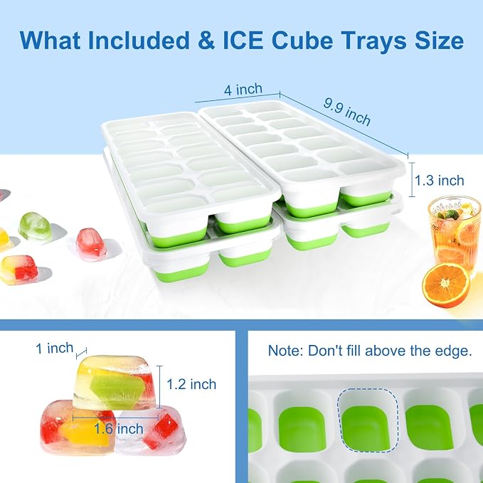 Ice Cube Tray, Ice Cube Trays for Freezer 4 Pack with Lids, Ice Tray Easy-Release, Ice Trays for Freezer Stackable, Silicone Ice Cube Tray for Drinks, Coffee - BPA-Free and Odor-Free(56 Cubes)