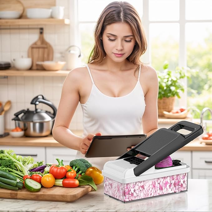 StoreHappily 12-in-1 Vegetable Chopper, 10 Blades Veggie Chopper with Container and Lid, Dicer, Slicer, Multifunctional Kitchen Gadgets, Vegetable Cutter with Handle, Onion Cutter(Black/White)
