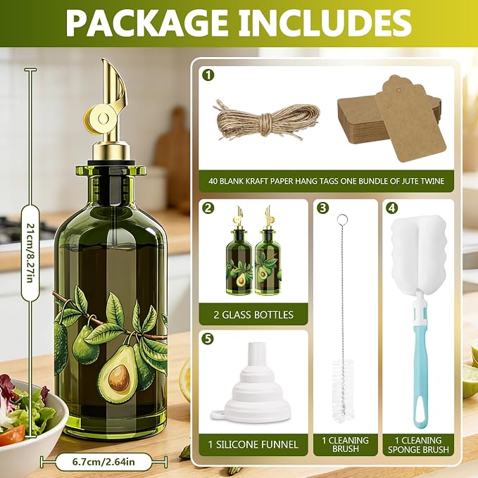 Olive Oil Dispenser Bottle for Kitchen, 12oz/350ml Extra Thick Glass Oil and Vinegar Cruet with Stainless Steel Pourer, Funnel & Cleaning Brush, Premium Oil Dispenser Set (Avocado)