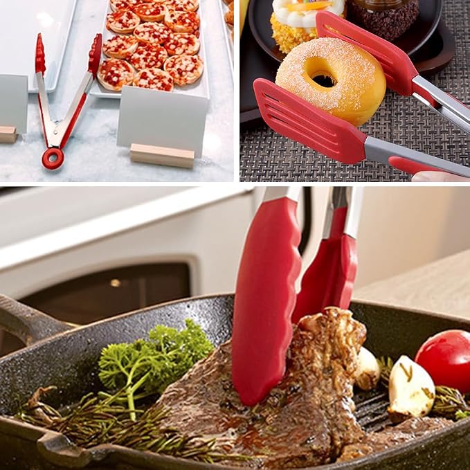 9 Inch Cooking Tongs with Silicone Tips Set of 3(Red) | Stainless Steel Handle, Non-Scratch, Heat Resistant