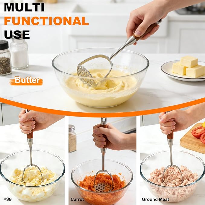 304 Stainless Steel Potato Masher, Heavy Duty Mashed Potato Masher, Professional Integrated Honeycomb, Effortless Mashing Tool for Potatoes, Avocados, Vegetables, Fruit, Meat, Dishwasher