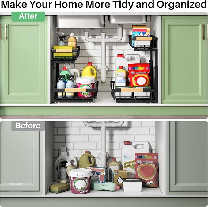 Kitstorack Under Sink Organizer, 2 Tier Under the Sink Storage, Slide out Pull out Cabinet Organizer Shelf, Metal Sliding Drawer for Kitchen Bathroom Pantry Closet Organization Rack, Black, 1 Pack