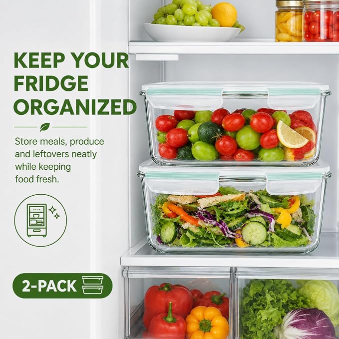 2 Pack Large Glass Storage Containers with Lids 85oz/10.5cup Big Airtight Glass Food Storage Containers for Rotisserie Chicken Watermelon Meal Prep, BPA Free, Freezer Dishwasher Oven Safe