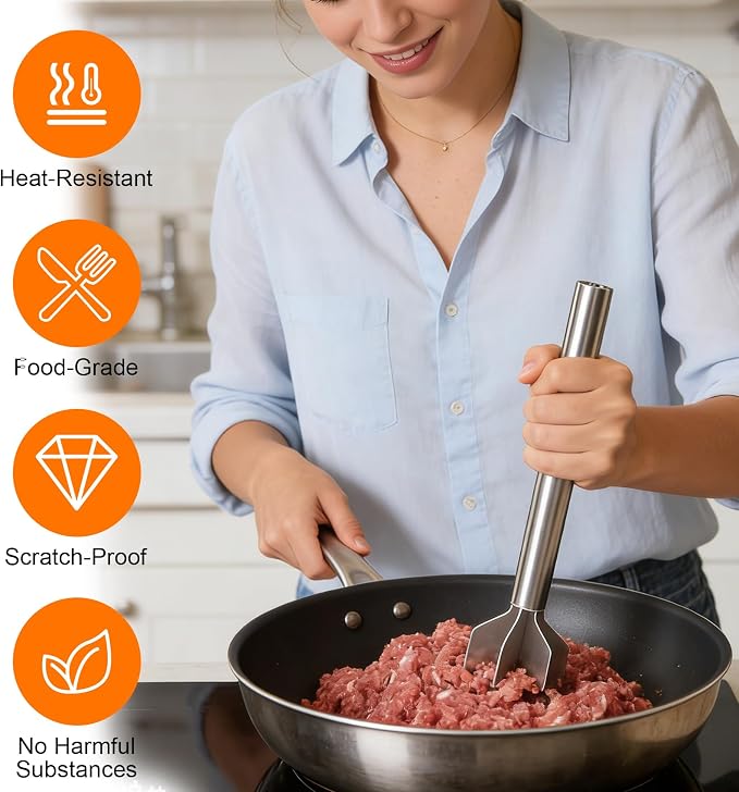 Meat Masher, Stainless Steel 6 Blade Ground Beef Chopper Tool with Long Handle, Masher Shredder for Potato Hamburger Vegetable Puree, Dishwasher Safe
