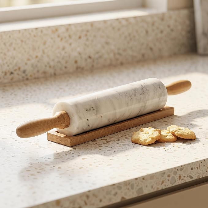 White Marble Rolling Pin for Baking 8inch Barrel,Dough Roller | With Wooden Handles & Wood Cradle, Non-Stick Dough Roller for Pizza, Pasta, Fondant, Pie Crust, Pastry & Cookies