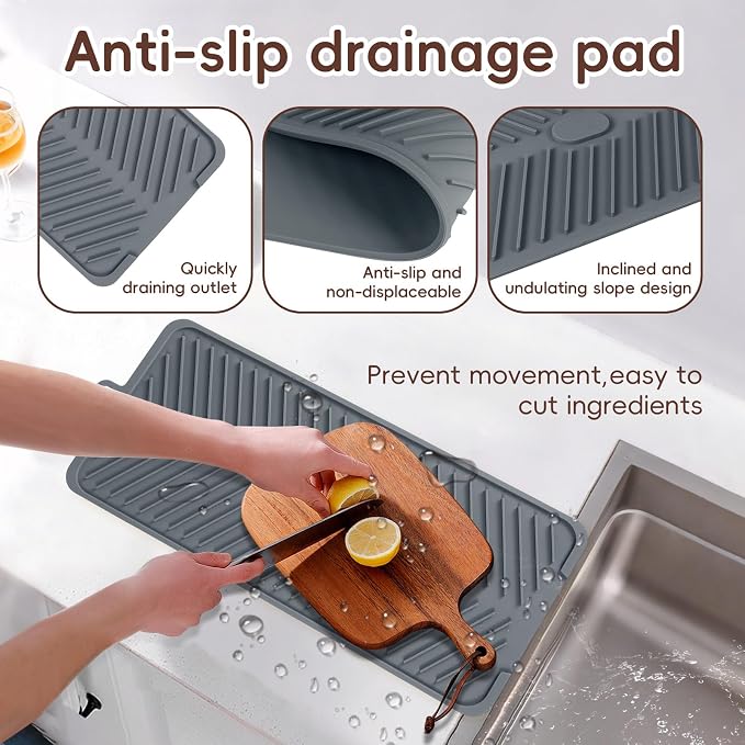 Silicone Dish Drying Mat with Drain Lip 16.8” x 7.8”, Heat-Resistant Sloped Sink Draining Tray for Kitchen Worktops, Draining Mat, Rack Mat, Multi-Purpose Hot Pads