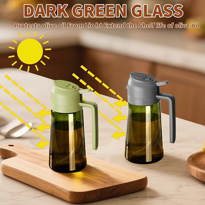 SWEET VIEW 2Pcs Olive Oil Spray Bottle 16oz/470ml | Glass Light-Proof Oil Pourer/Dispenser for Kitchen Air Fryer, Cooking, Salad, and BBQ, with Stickers