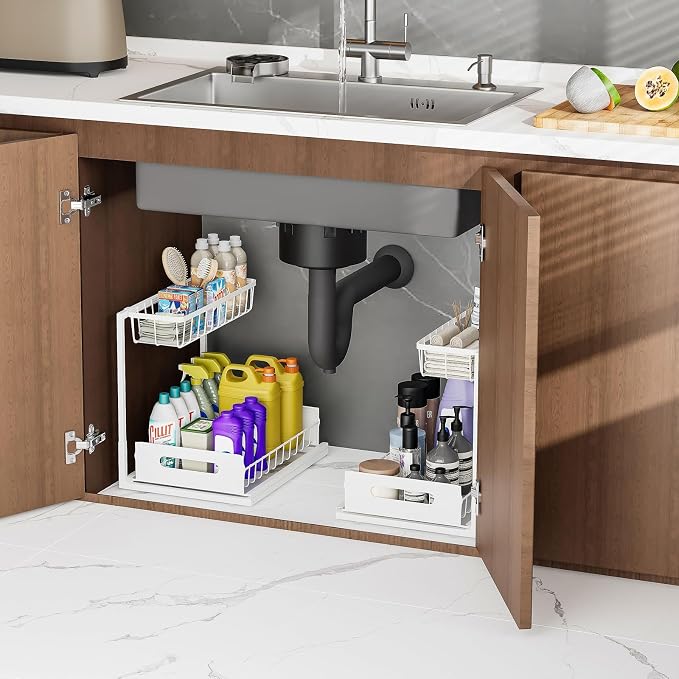 Ceetug Slide Out Under Sink Organizers and Storage, White, 2 Pack | 2 Tier, Sturdy Metal, Cabinet Organizer, for Kitchen Bathroom