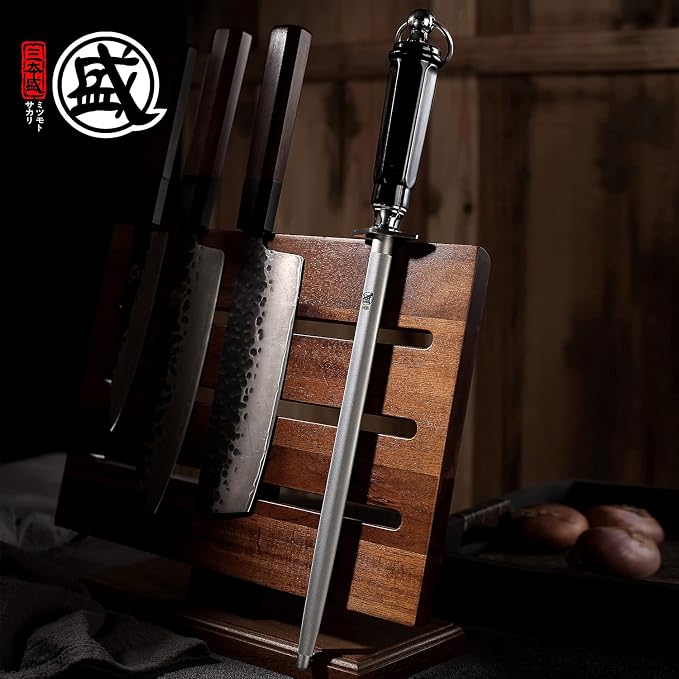 MITSUMOTO SAKARI 12-Inch Round Diamond Knife Sharpening Rod, ABS Handle | Long round diamond surface for larger knives, high carbon steel rod, ABS handle and built-in magnet
