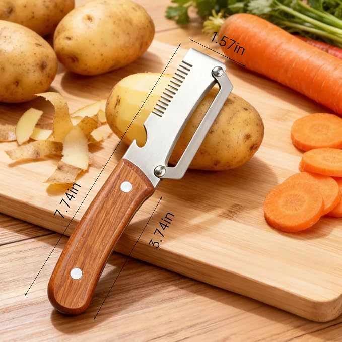 3-in-1 Multi-Function Kitchen Vegetable Peeler with Wooden Handle and Bottle Opener, Ideal for Peeling Fruits and Vegetables, Stainless Steel Blade Kitchen Tool (5 PCS)