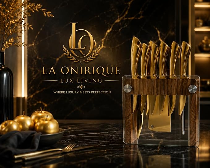 La Onirique 13-Piece Gold Kitchen Knife Set with Olive Wood Knife Block with Glass Panels, 5Cr15 Stainless Steel Chef Knife Set, Steak Knives, Cleaver, Bread Knife, Kitchen Scissors