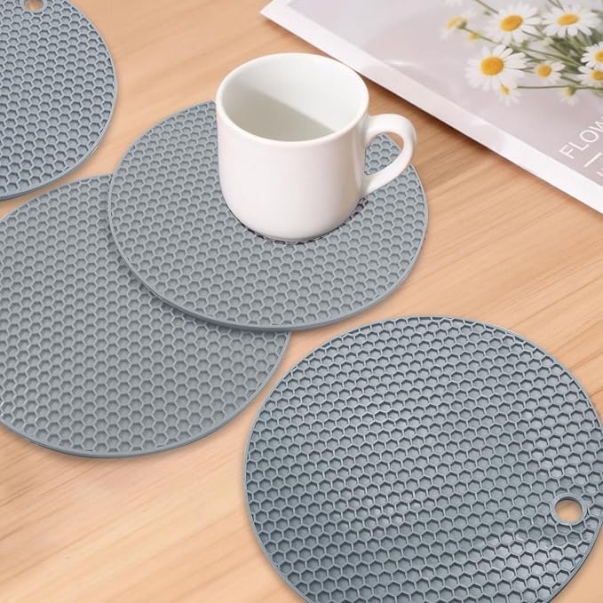 4 Pack Round Silicone Trivet Mats, Gray | Heat Resistant, For Pots, Bowls, and Countertops