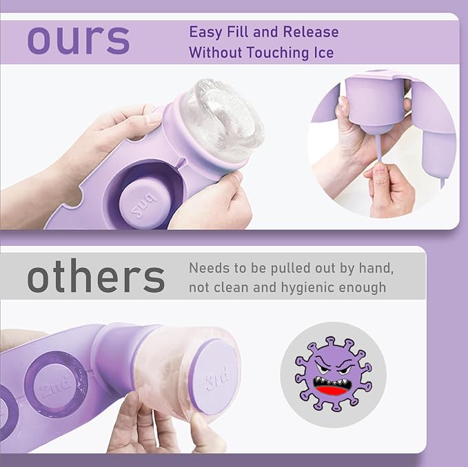2PC Ice Mold for Stanley Cup 30/40 Oz - Easy Fill and Release Without Touching Ice, Silicone Ice Cube Tray with Clear Lid and Bin for Freezer, Whiskey, Cocktail (Purple+Purple)