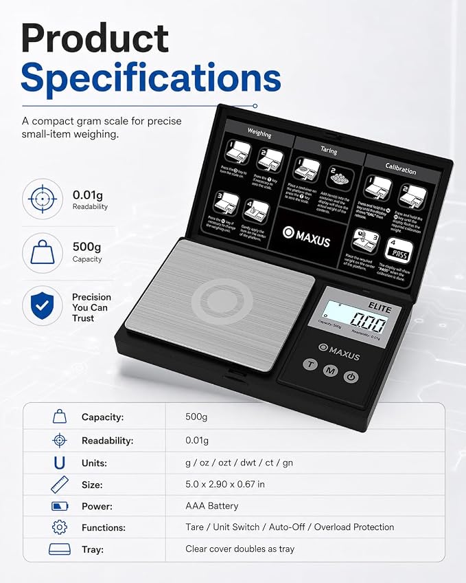 Digital Pocket Gram Scale 500g x 0.01g High Precision with Tray | Weighs Small Food, Jewelry, Ounces, Grains, LCD Display, Tare Function