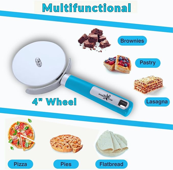 DIVIDESTAR Pizza Cutter Wheel, 4", Blue | Sharp Stainless Steel Blade, Ergonomic Grip, Dishwasher Safe, For Thick Crust, Flatbreads, Dough