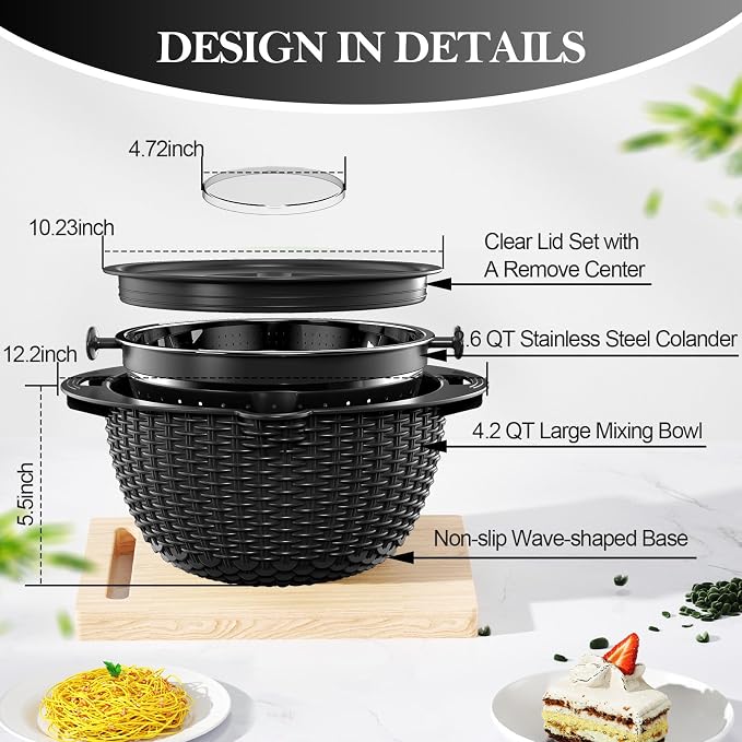 4-1 Colander with Bowl Set - Colander for Kitchen - Rotatable Strainers and Colanders(Patented) - Pasta Strainer - Bowl With Colander & New Upgraded Graters for Fruit Veggie, Kitchen Essentials, Black