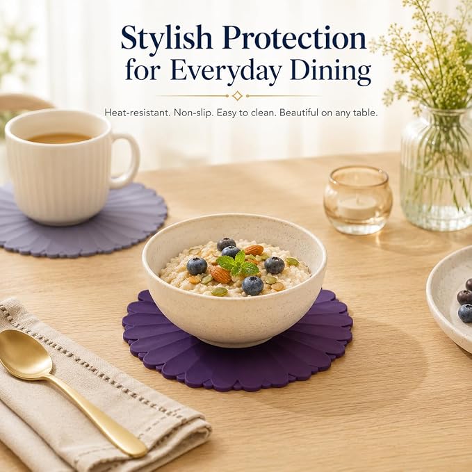 Heat-Resistant Silicone Trivet Mats, Non-Slip Hot Plate Holder for Kitchen Countertops & Dining Table, Reusable Pot Holder Pad with Secure Grip, Dishwasher Safe (Purple, Diameter: 18cm/7.09")