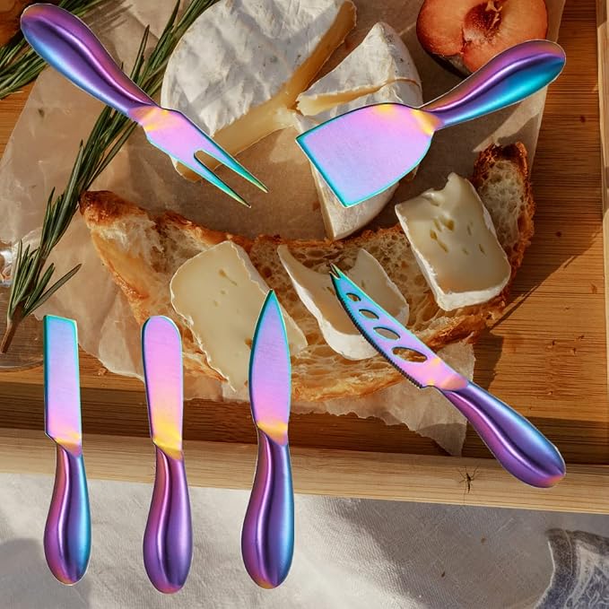 Premium 6-Piece Steel Cheese Knife Set - Rainbow Collection with Slicer, Cutter, Fork & Spreader