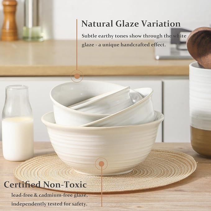 Hasense Mixing Bowls, Ceramic Serving Dishes for Cooking, Baking, Prepping, Nesting Bowls for Salads, Fruit, Popcorn, 2.1/1.5/1.0 Qt, Dishwasher & Microwave Safe, Clay-Infused White