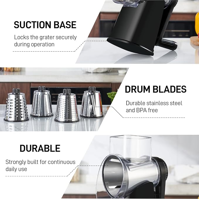 VEKAYA Rotary Cheese Grater Hand Crank with 4 Interchangeable Stainless Steel Blades, Large Manual Handle Shredder and Waffle Slicer for Vegetables, Cheese and Nuts with Table Suction Base (Black)