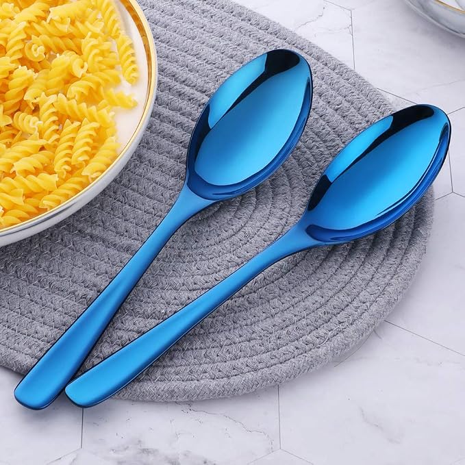 Buffet Serving Spoons, Stainless Steel 10 Inch Blue Plated Server Set of 2, Large Salad Serverware Utensils, Dishwasher Safe
