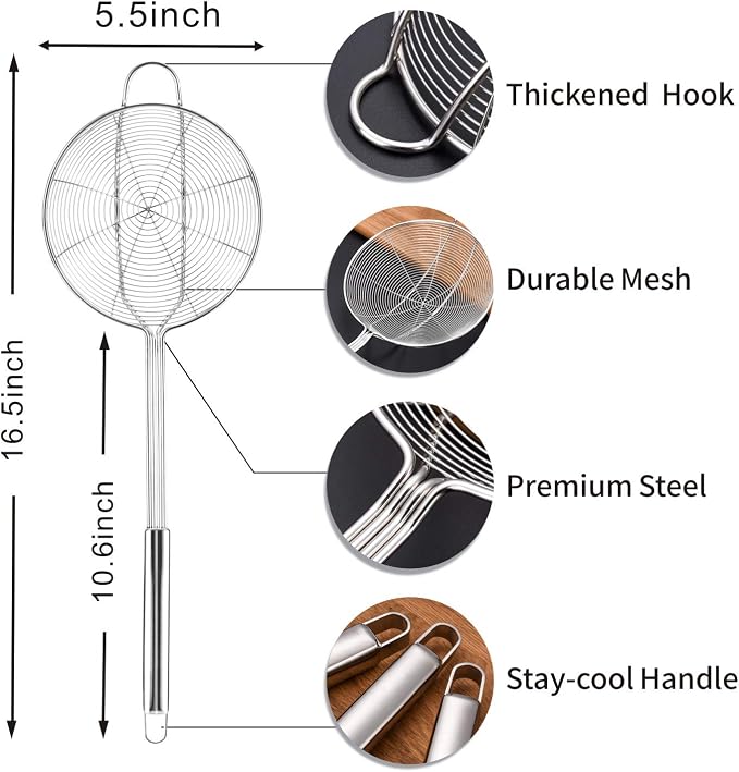 Yimi 16.5 Inch Spider Strainer | Stainless Steel Kitchen Cooking Skimmer with Double Hook Long Handle | Spiral Wire Spoon Ladle with Reinforced Double Coil for Cooking and Frying, Ideal for Gift