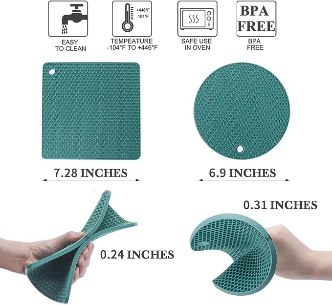 4 Pack Silicone Trivets for Hot Dishes, Dark Green Silicone Hot Pads Trivet for Hot Pots and Pans, 4 PCS Heat Resistant Silicone Mats Pot Holders for Kitchen Counter, Large Coasters & Jar Opener