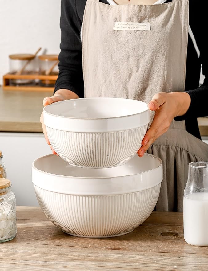 Ceramic Large Glazed White Stripe Mixing Bowls for Kitchen, Set of 2 Big Serving Bowls for Cooking, Popcorn, Salad, Soup, Baking, Dough Bread Making Bowl, 10 inch + 8 inch